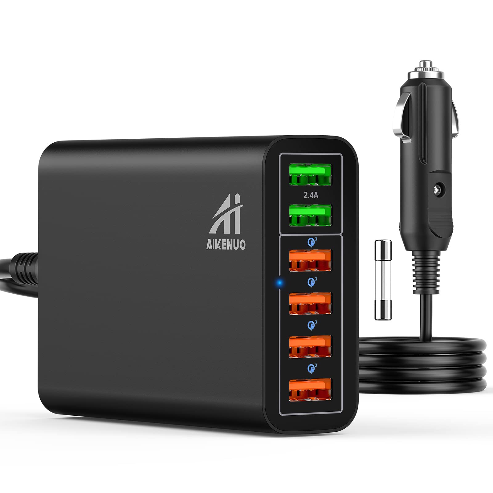 AI AIKENUO six-port car charger, front view for multitasking charging on the road.