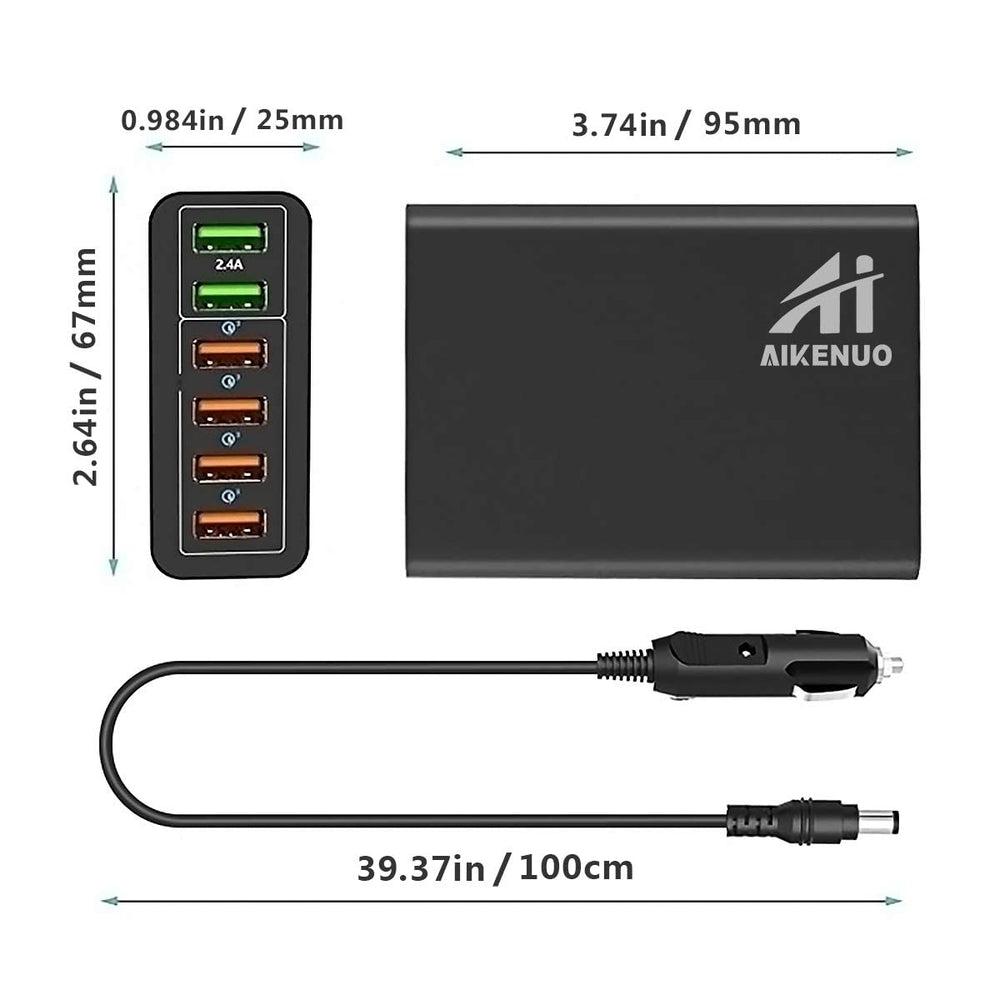 AI AIKENUO packaging contents featuring 6-port charger and mounting bracket.