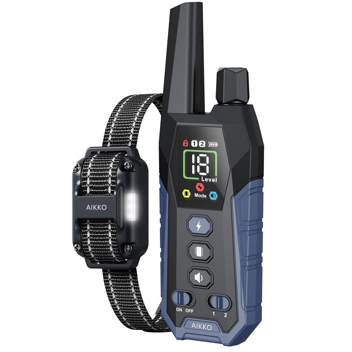 Aikko professional dog collar with navy blue remote for extended-range obedience training.