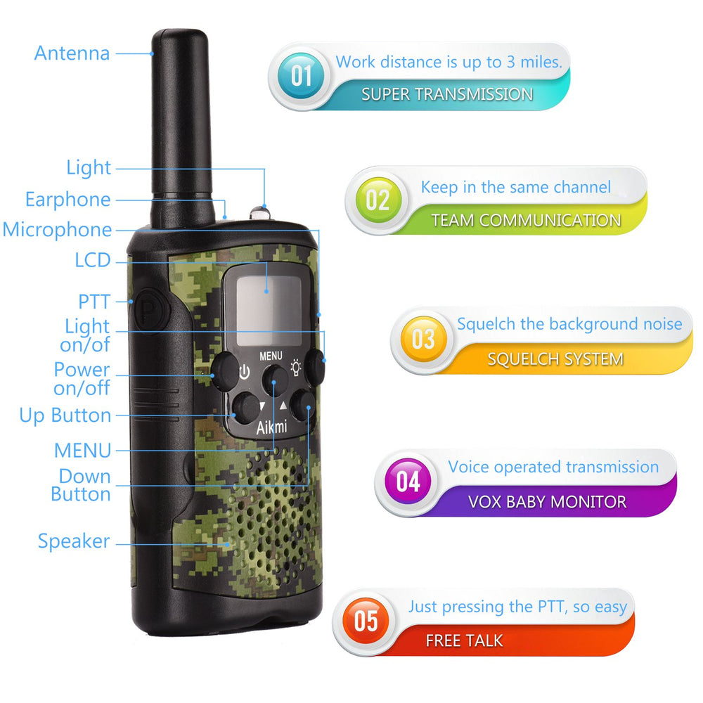 Aikmi walkie talkies featuring a flashlight for practical light during dusk treks.