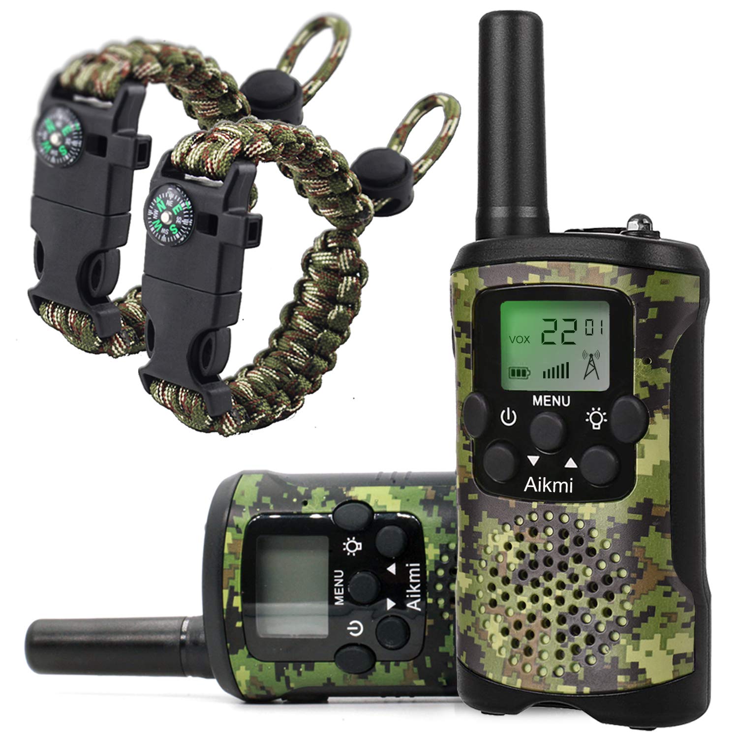 Aikmi kids' green camo walkie talkies shown for durable outdoor adventures and family communication.