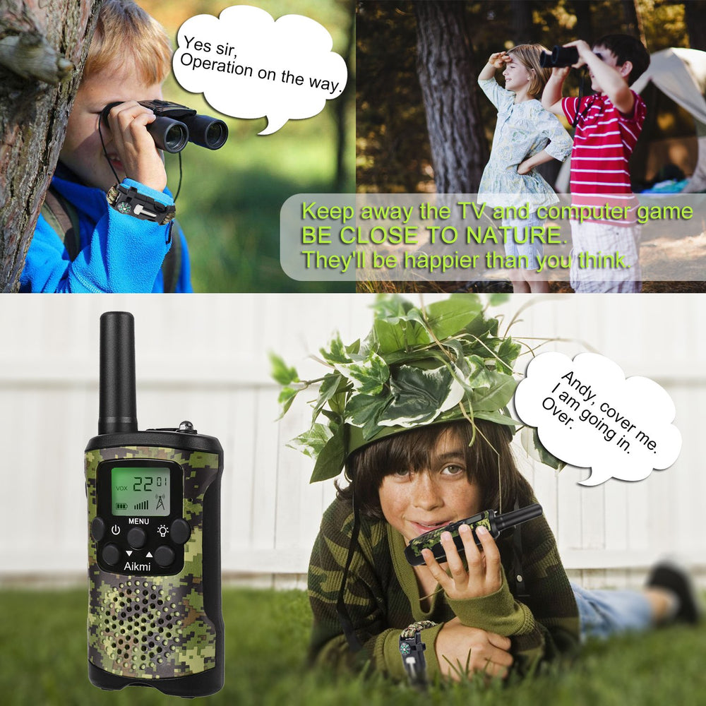 Aikmi kids walkie talkies designed for outdoor use, ready for camping and secret channels.