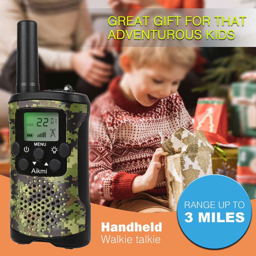 Aikmi kids walkie talkies with 3-mile range enabling clear transmissions during adventures.
