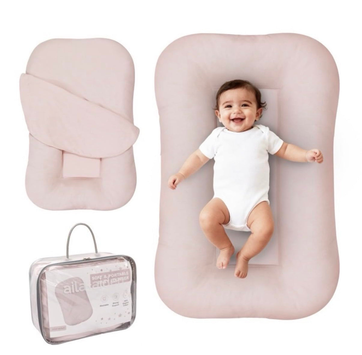 Aila + Aiden baby lounger pink cover removable for easy cleaning.