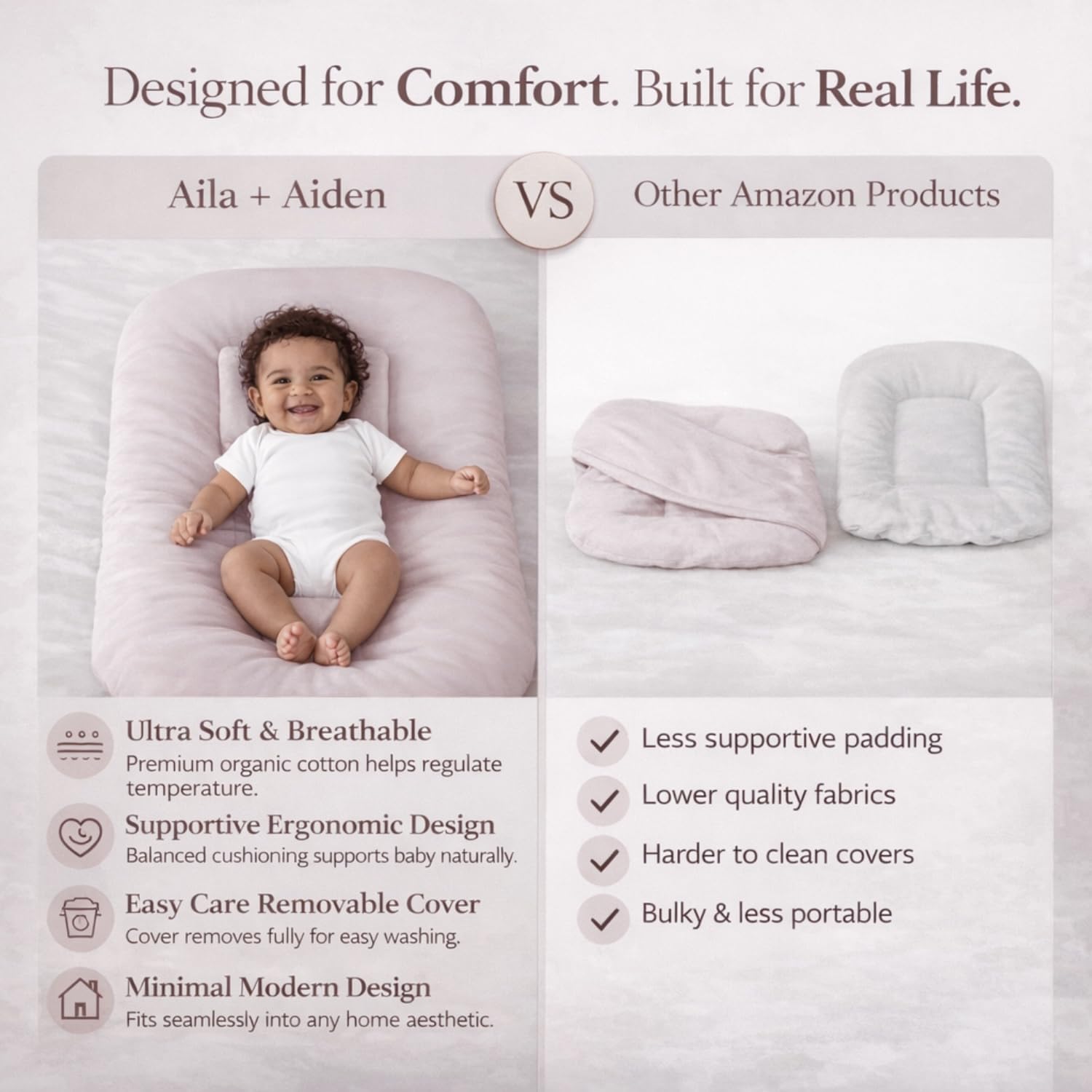 Aila + Aiden baby lounger pink washable cover for quick cleanup.