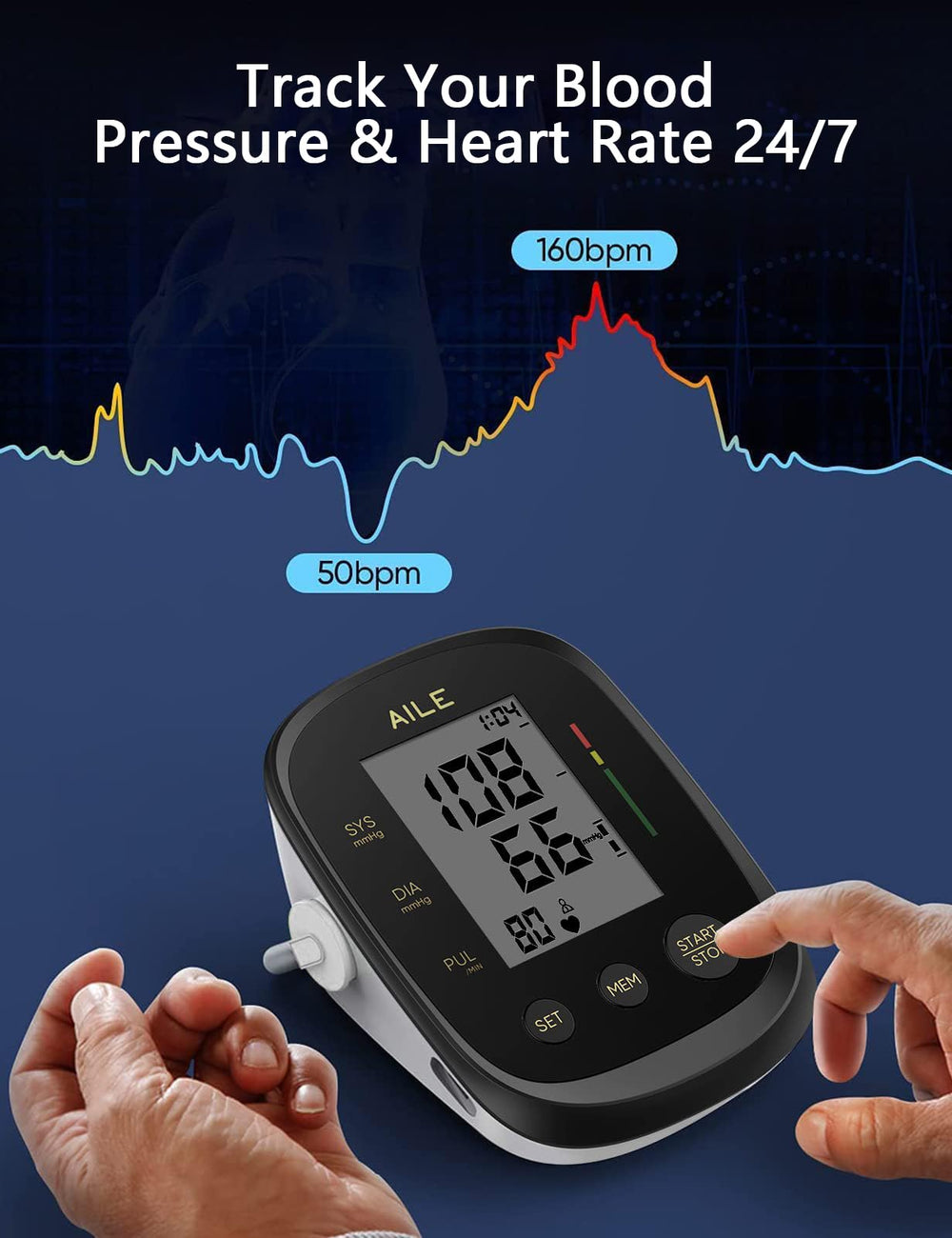 AILE Blood Pressure Monitor stores 198 readings for two users with timestamps