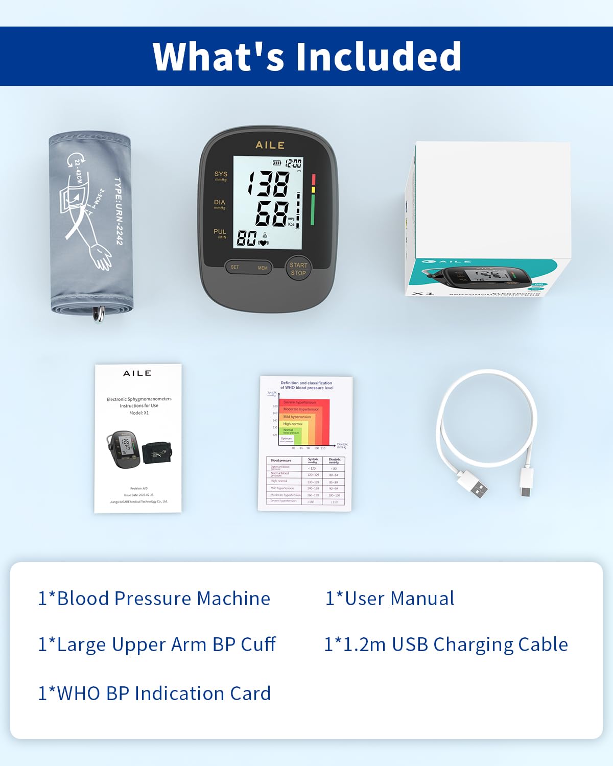 AILE BP monitor box contents: monitor, cuff, USB cable, manual, and BP card.