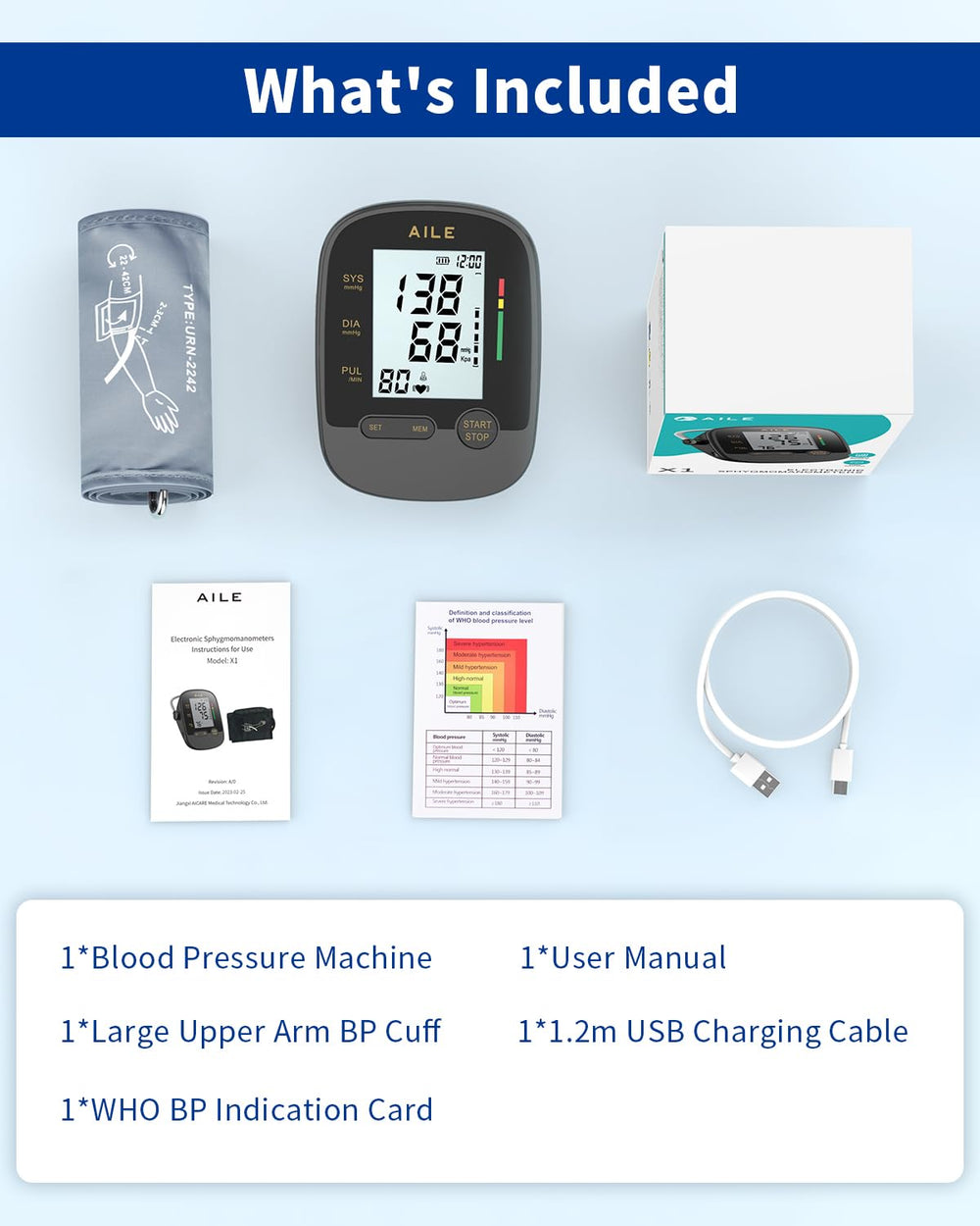AILE BP monitor box contents: monitor, cuff, USB cable, manual, and BP card.