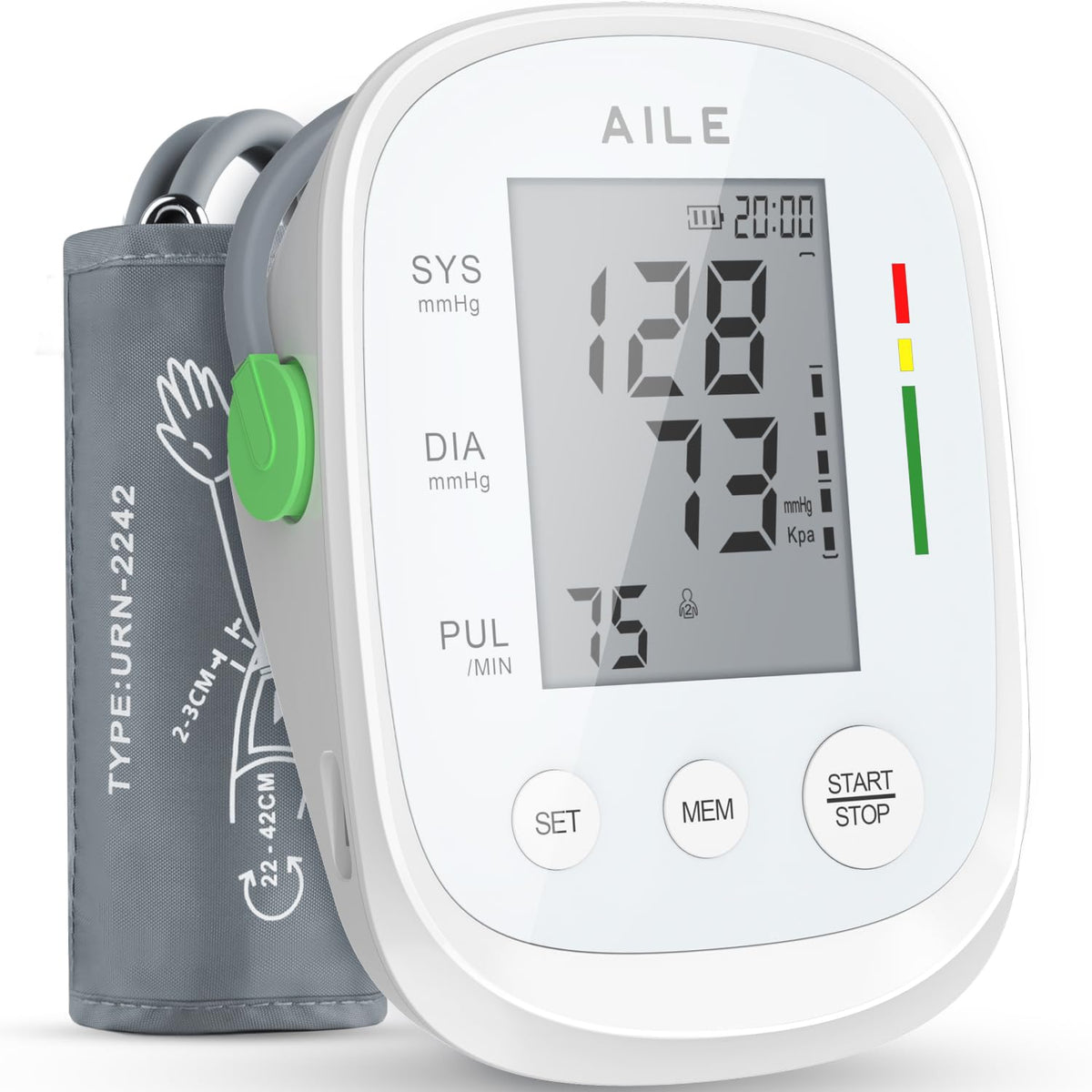 AILE blood pressure monitor with upper-arm cuff 8.7–16.5 inches for home use.