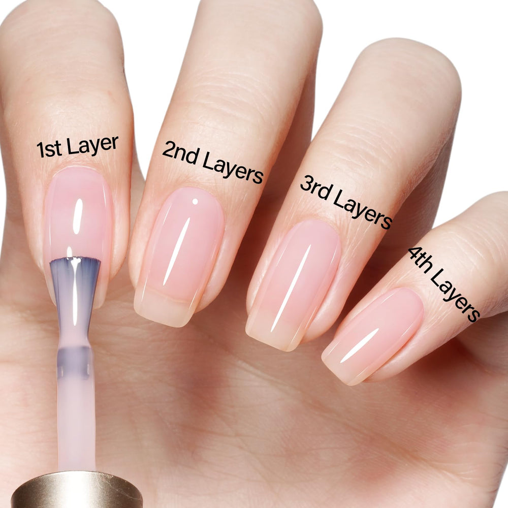 AILLSA milky pink nude gel polish applied on nails under UV LED cures smoothly