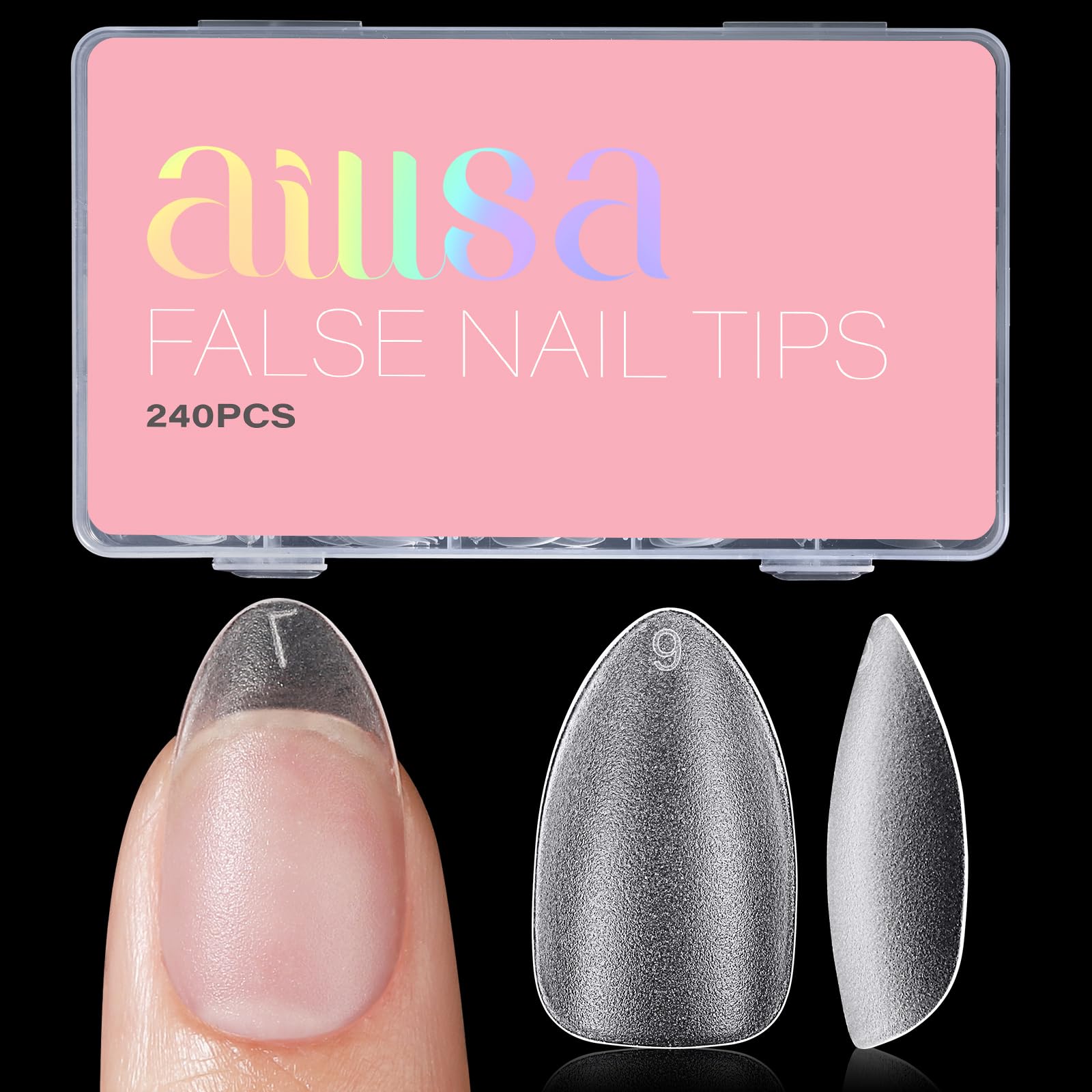 AILLSA short almond nail tips in a box for organized DIY manicures.