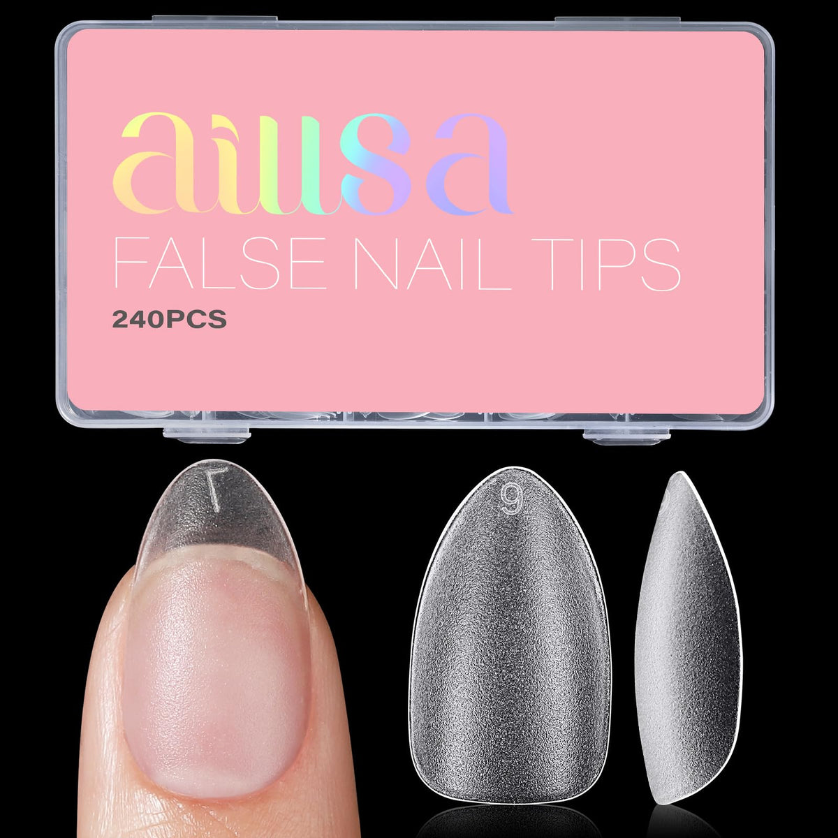 AILLSA short almond nail tips in a box for organized DIY manicures.