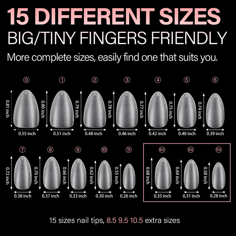 AILLSA short almond tips on fingers enable easy at-home manicure.