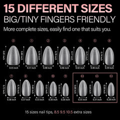 AILLSA short almond tips on fingers enable easy at-home manicure.
