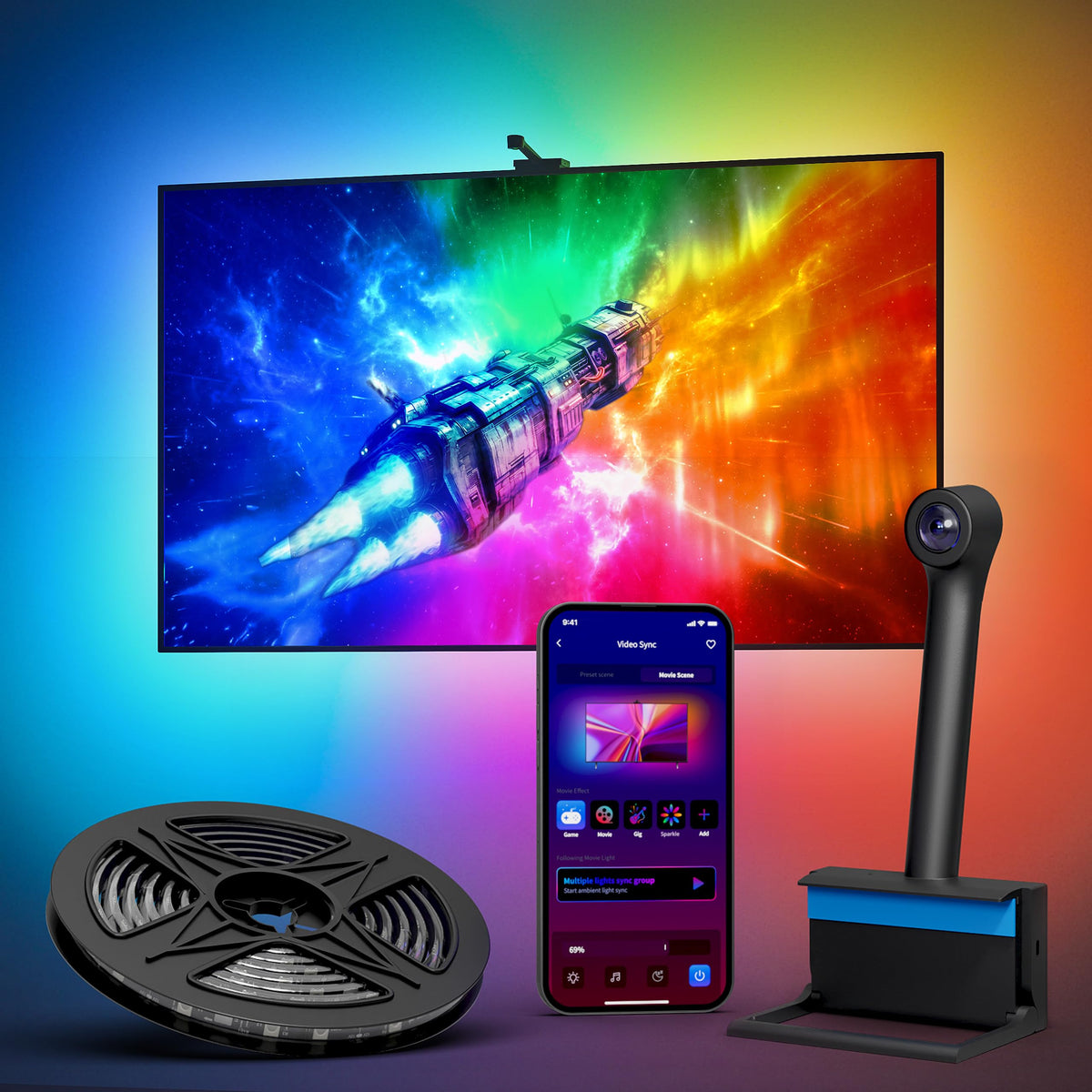 Ailofy camera setup captures screen colors for immersive lighting on a 55-65 inch TV