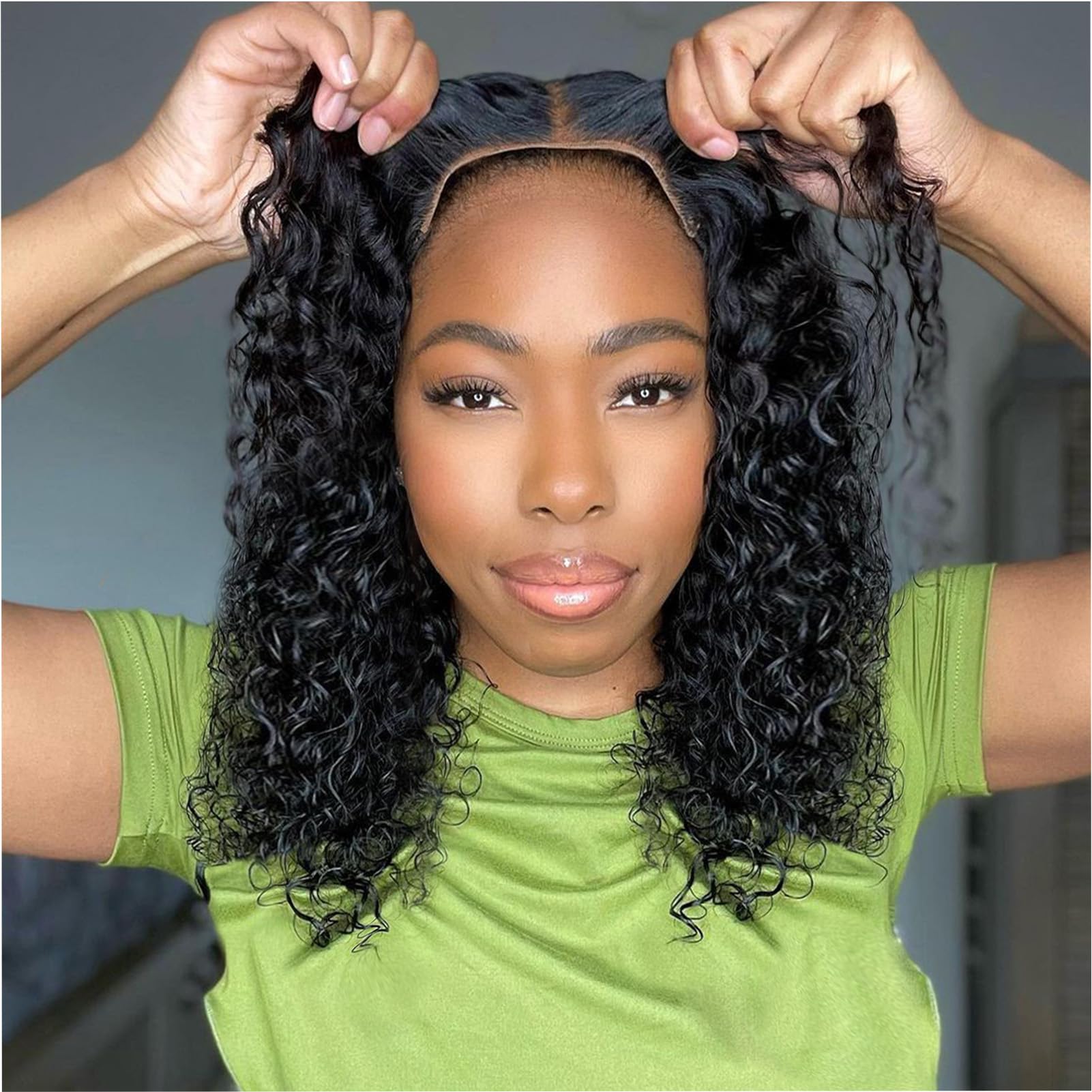 Ailwelia Curly Bob Wig deep wave closure shows natural hairline and versatile parting.