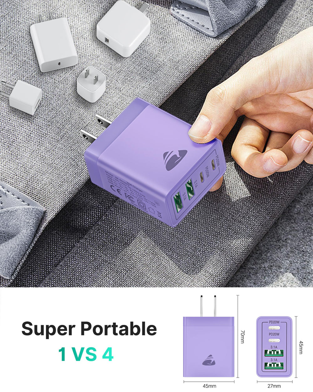 Travel-friendly compact design of the Aiminu wall charger.