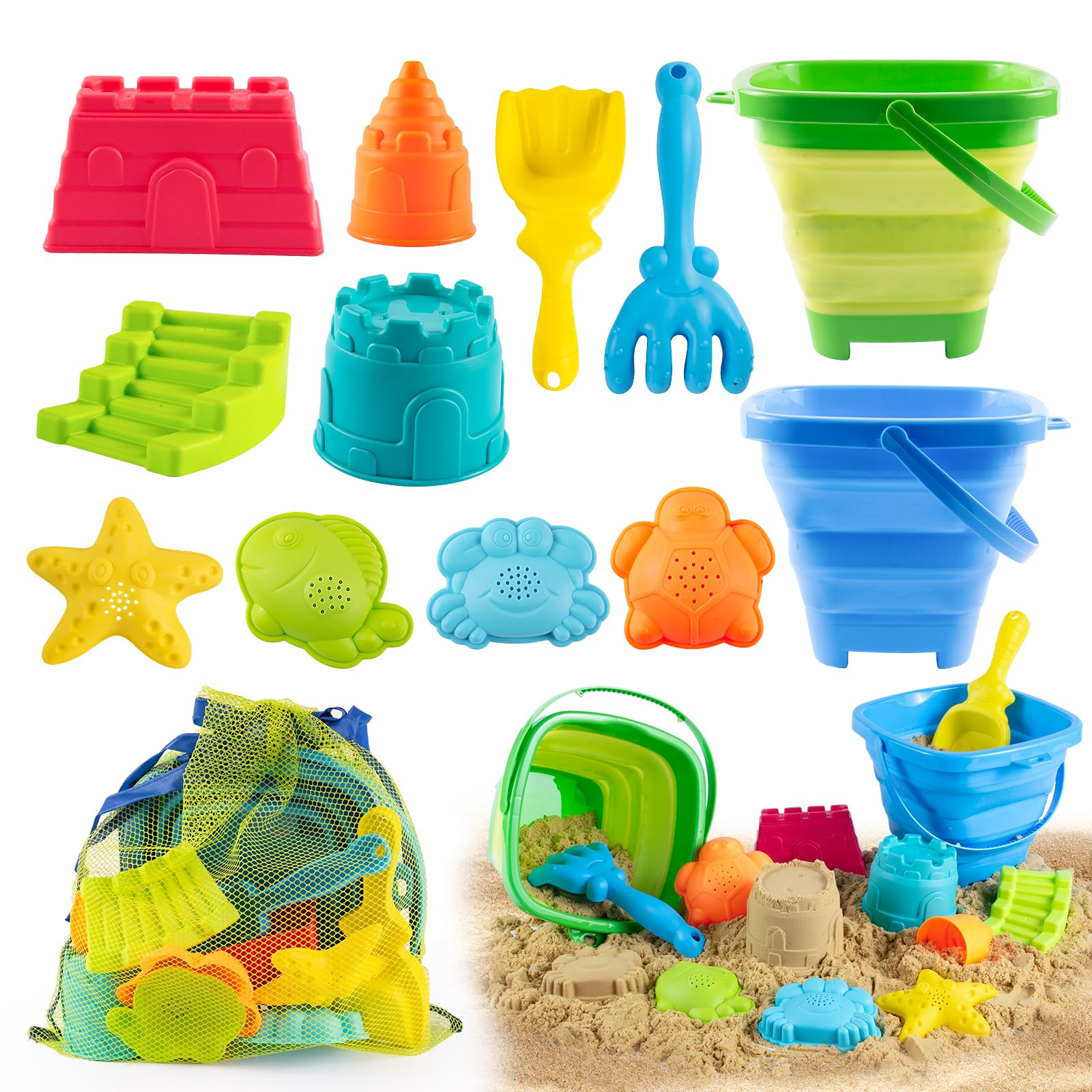 Aimlovs collapsible blue beach bucket showing space-saving design for travel play.