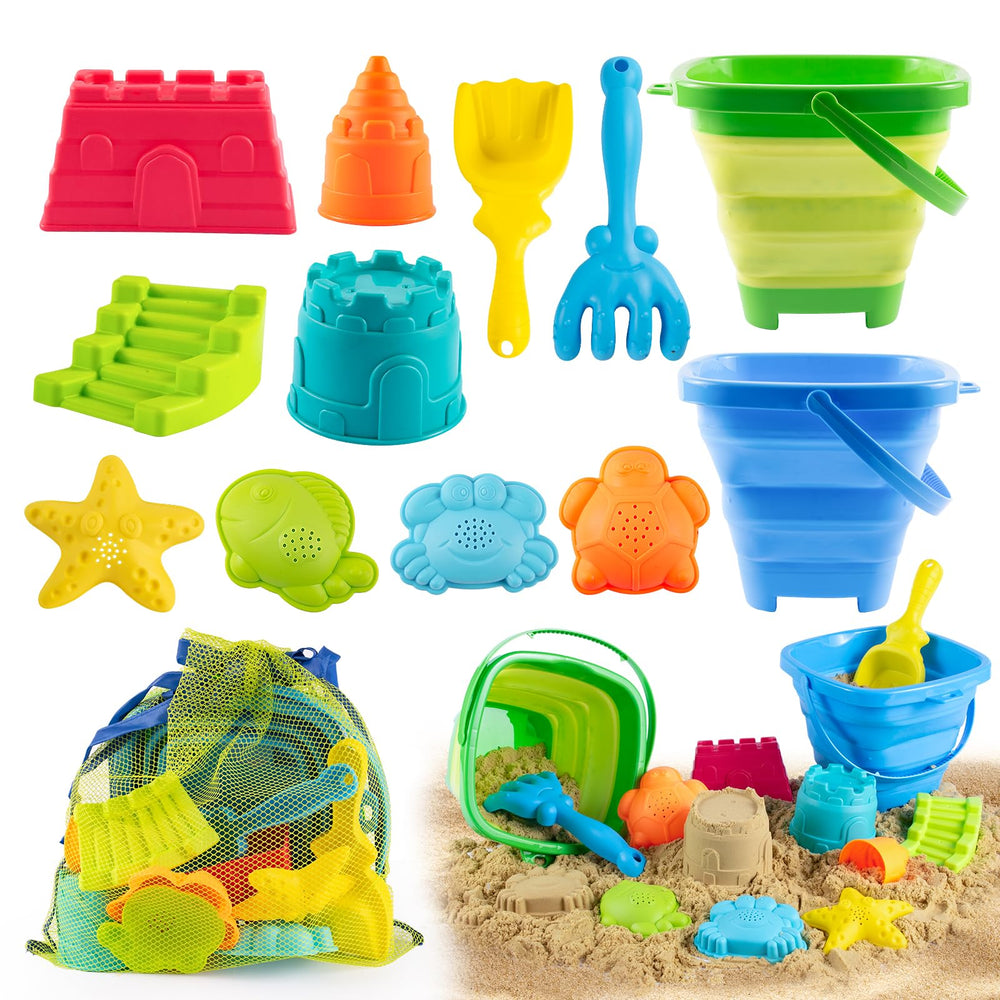 Aimlovs collapsible blue beach bucket showing space-saving design for travel play.
