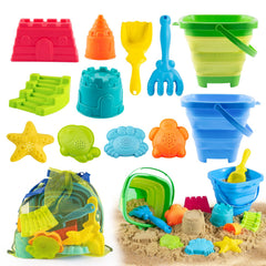 Aimlovs collapsible blue beach bucket showing space-saving design for travel play.
