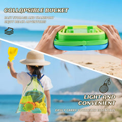 Aimlovs collapsible green beach bucket paired with a shovel for sand adventures.