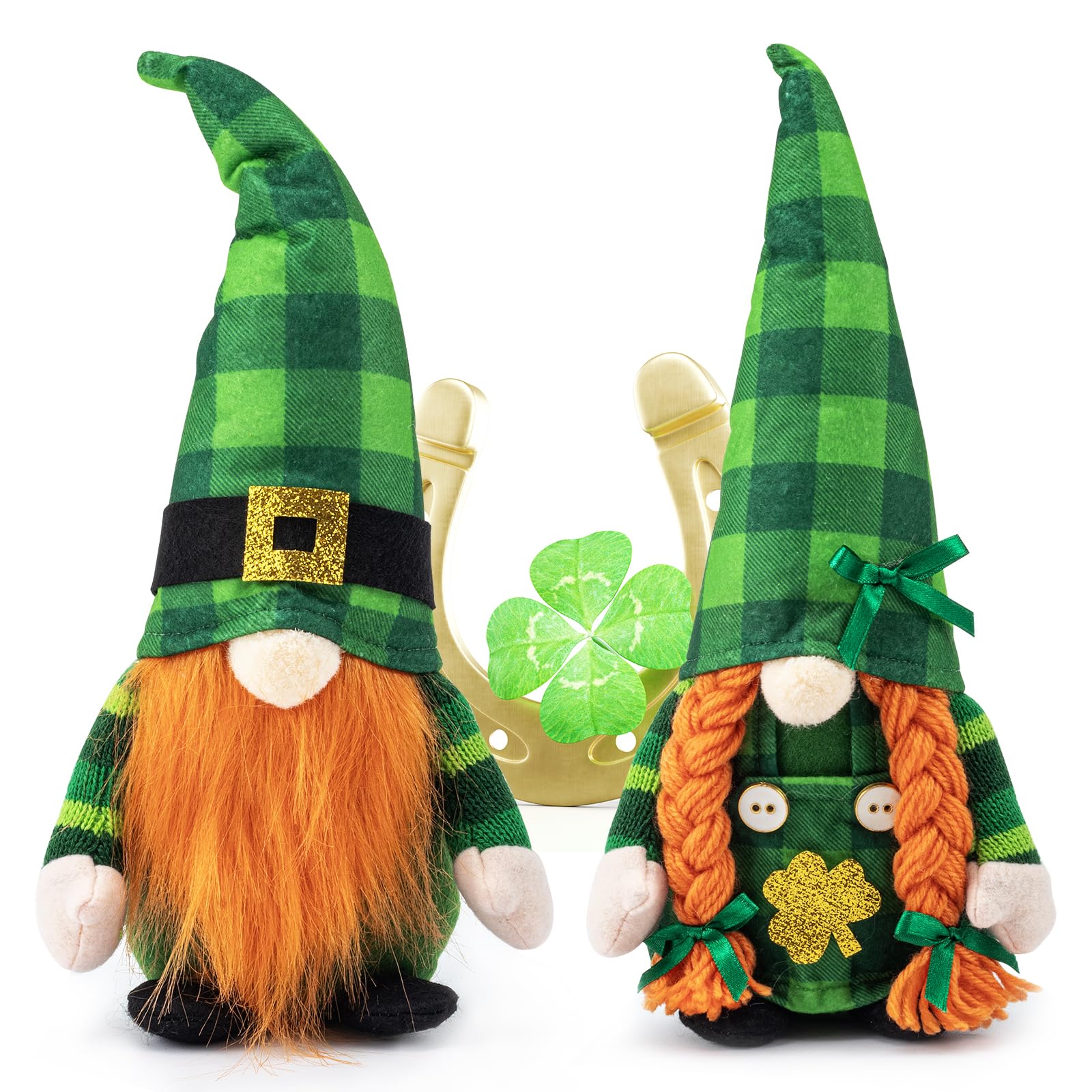 AinDen St Patrick's Day gnomes, Mr. and Mrs., plush duo for cozy mantel decor.