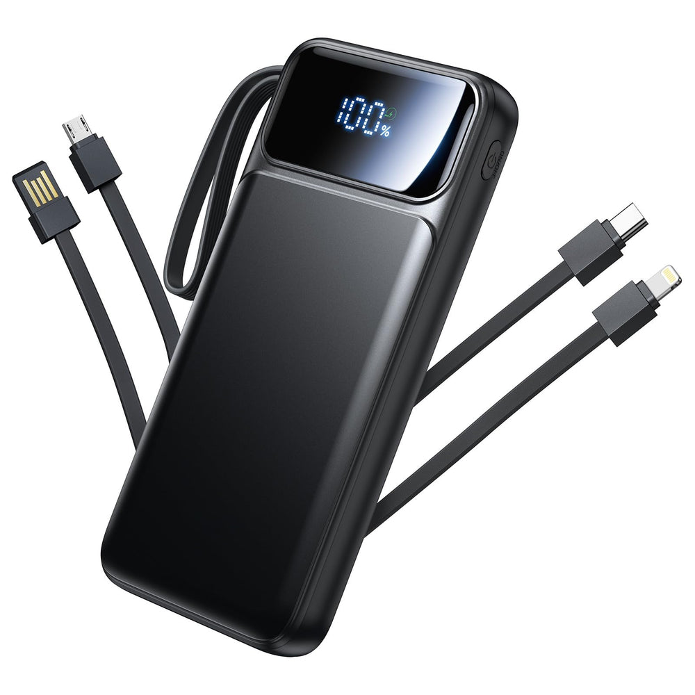 Aioneus built-in cables portable charger showing universal compatibility for iPhone, Android and more.