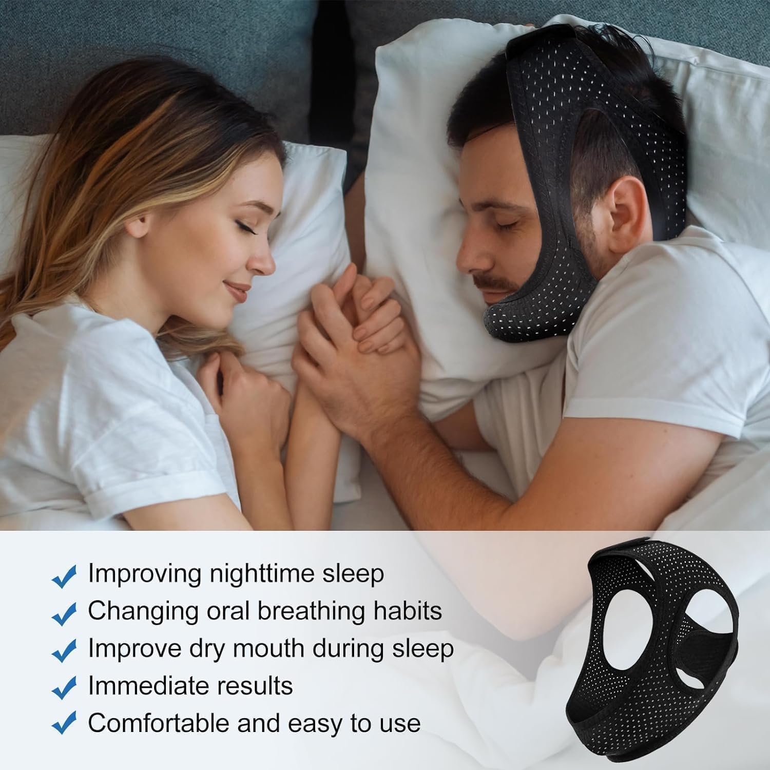 Air Blow anti-snore chin strap with breathable fabric for comfortable all-night wear.