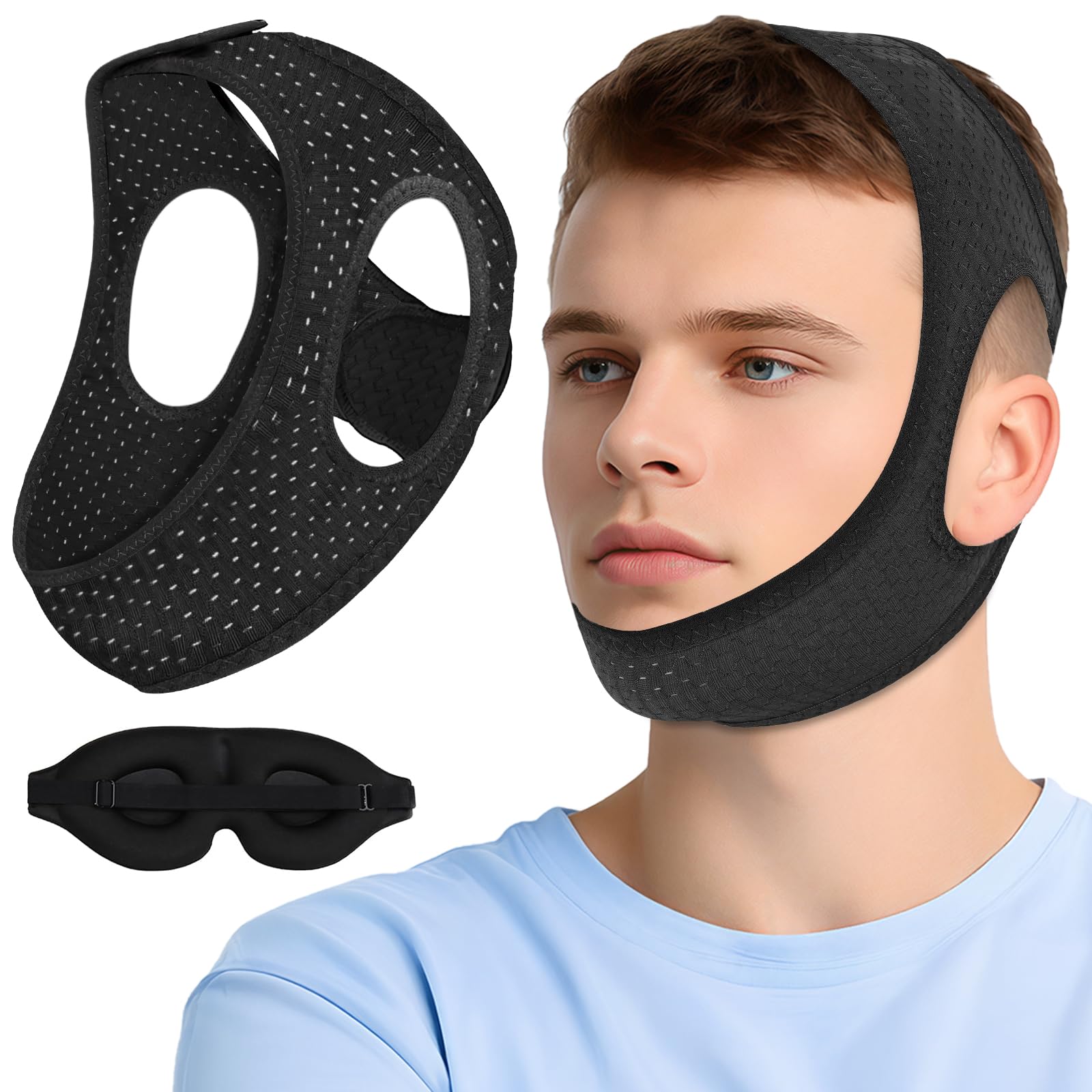 Air Blow chin strap sleeping closeup shows comfortable, breathable snoring aid.