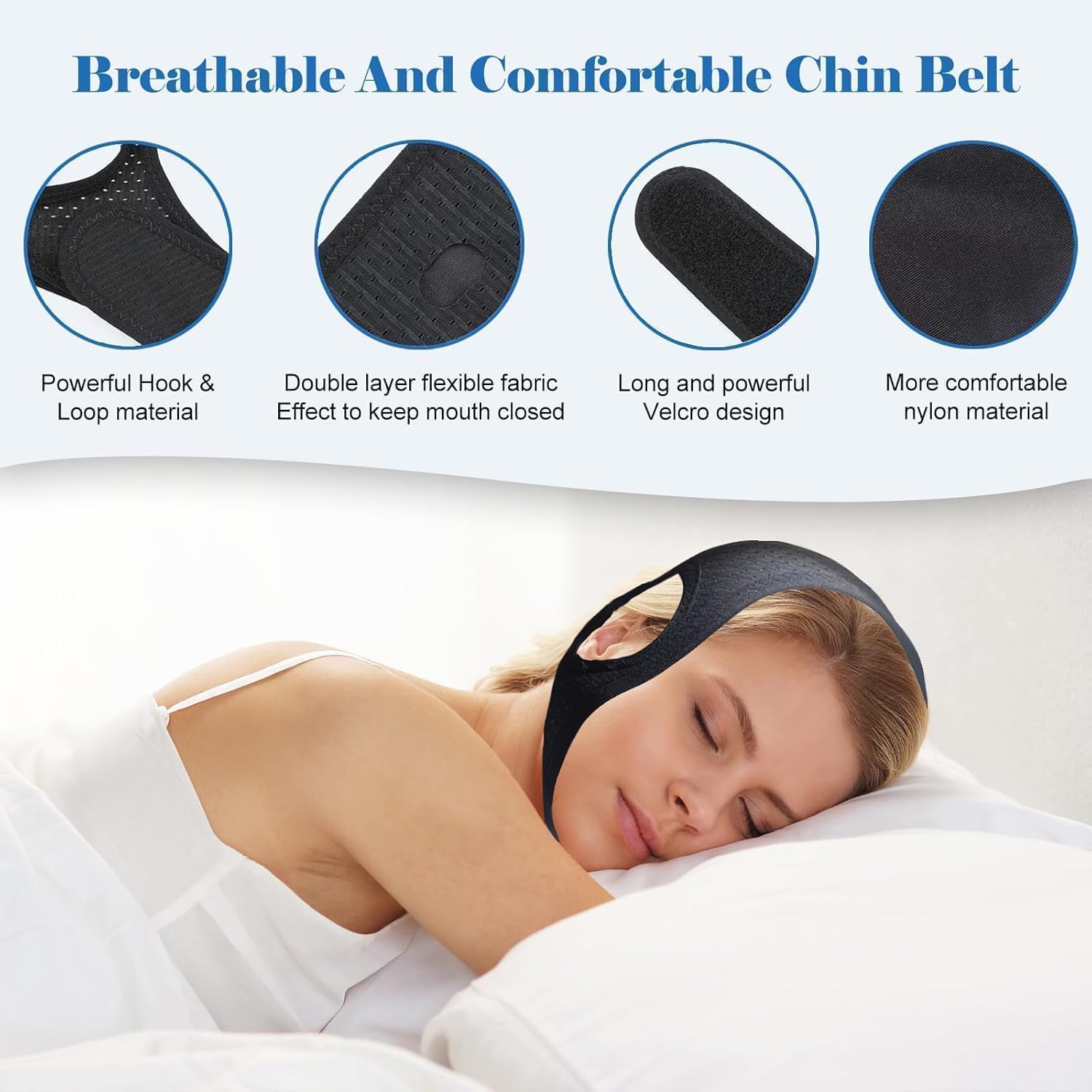 Air Blow soft elastic chin strap reduces mouth opening for improved airflow.