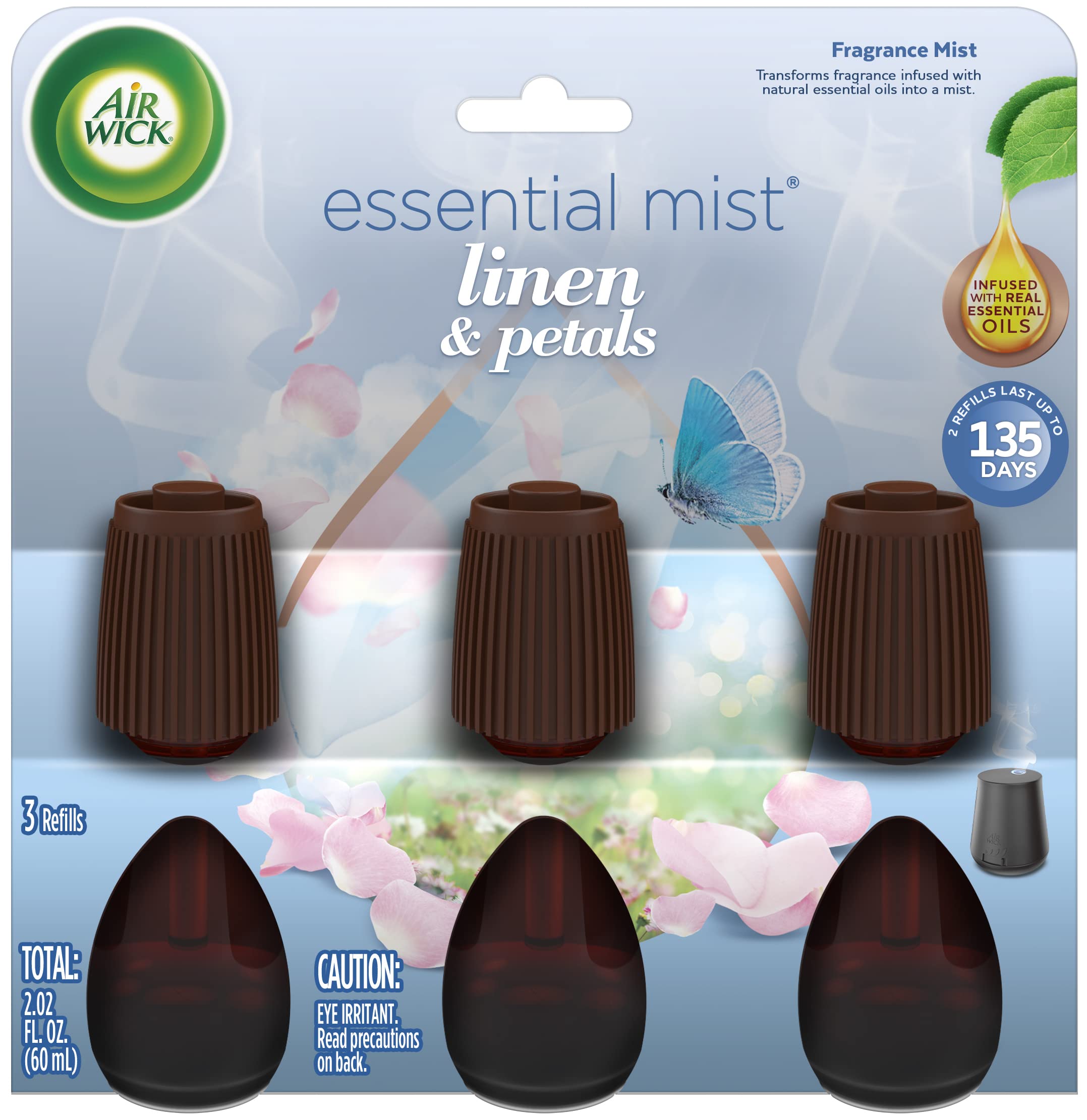 Air Wick Essential Mist Linen Petals bottle showing premium fragrance and ready-to-use refill