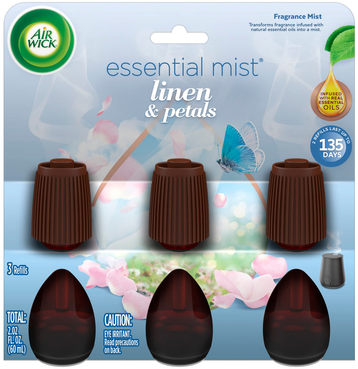 Air Wick Essential Mist Linen Petals bottle showing premium fragrance and ready-to-use refill