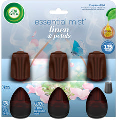 Air Wick Essential Mist Linen Petals bottle showing premium fragrance and ready-to-use refill