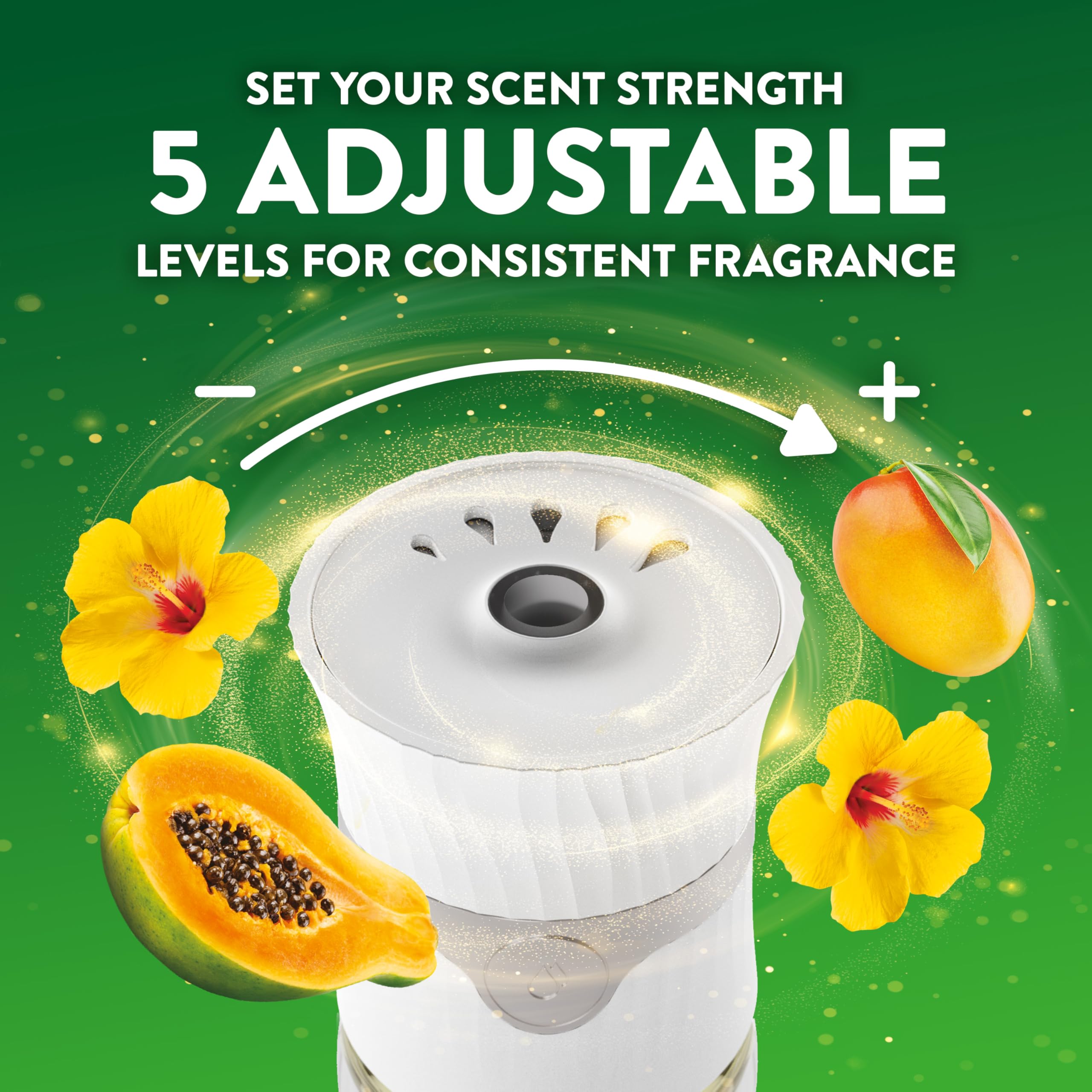 Air Wick essential oils close-up highlights the natural fragrance notes behind Hawaii Papaya Hibiscus.