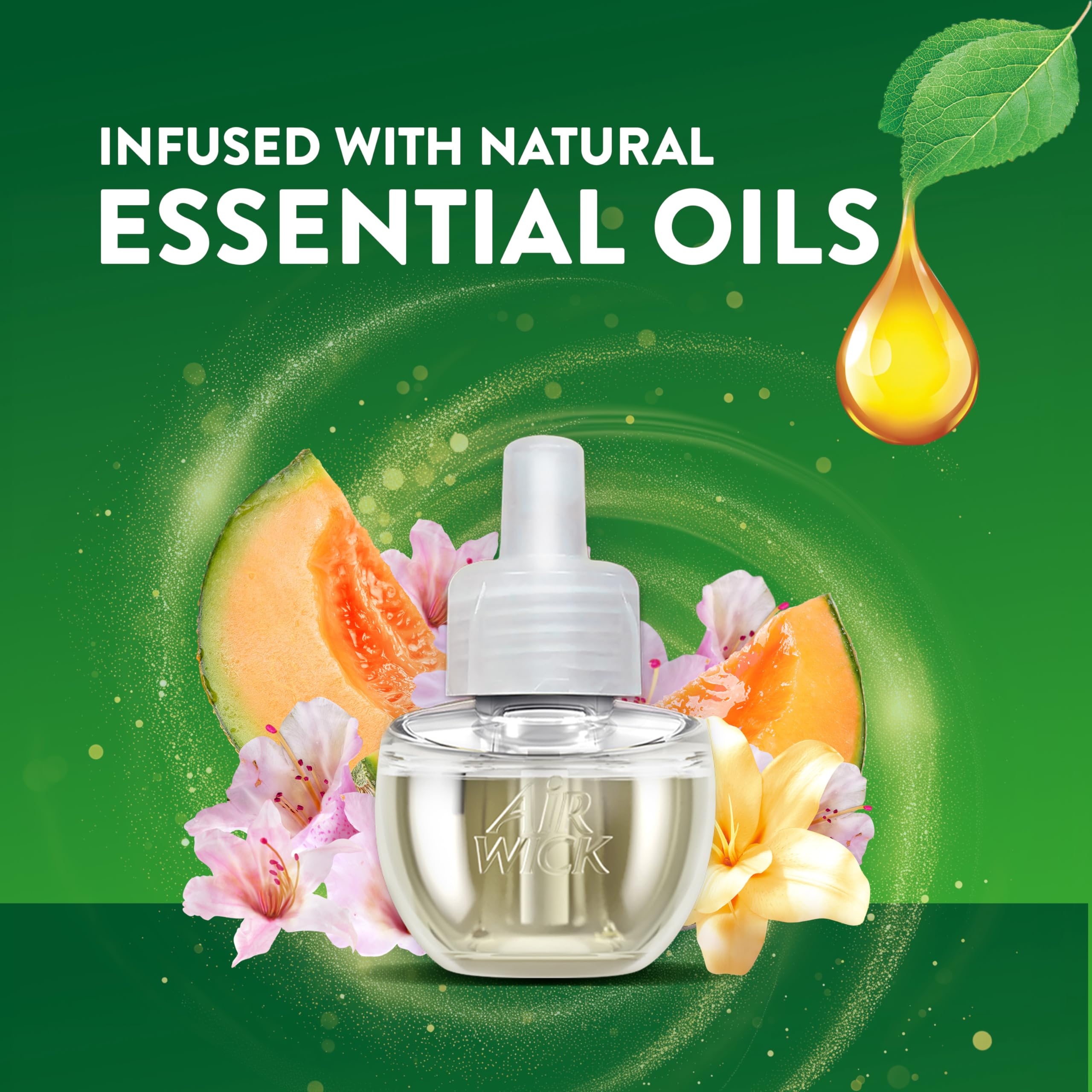 Air Wick essential oils infused refill label emphasizes premium aroma.