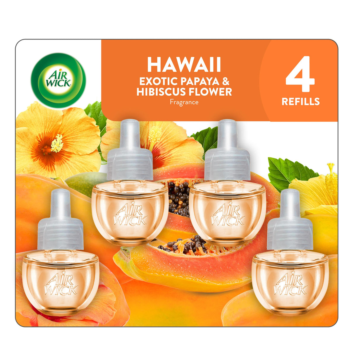 Air Wick Hawaii Exotic Papaya & Hibiscus packaging invites easy room refreshment.