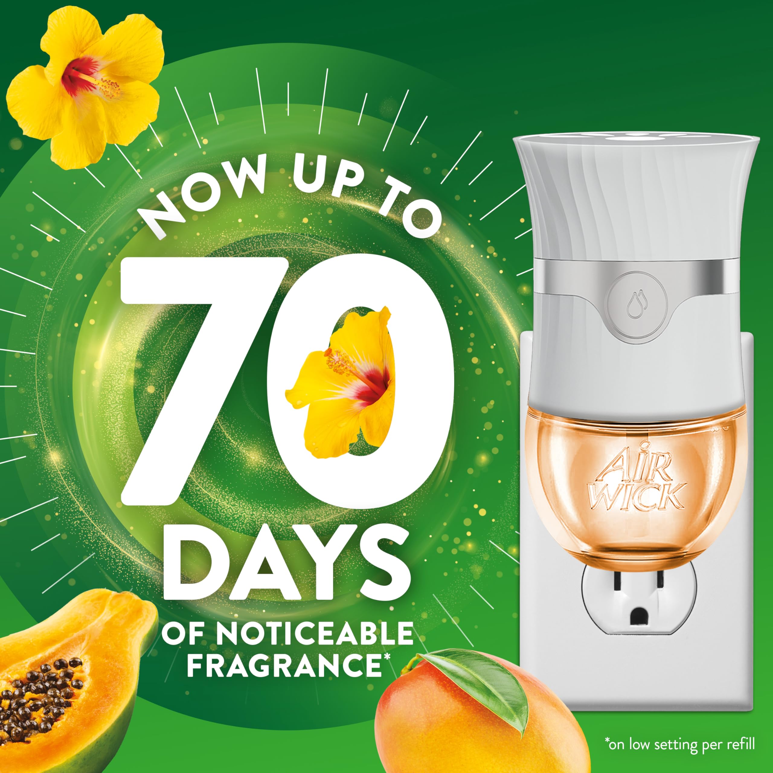 Air Wick Hawaii Exotic Papaya & Hibiscus refill bottle close-up shows vibrant essential oils.