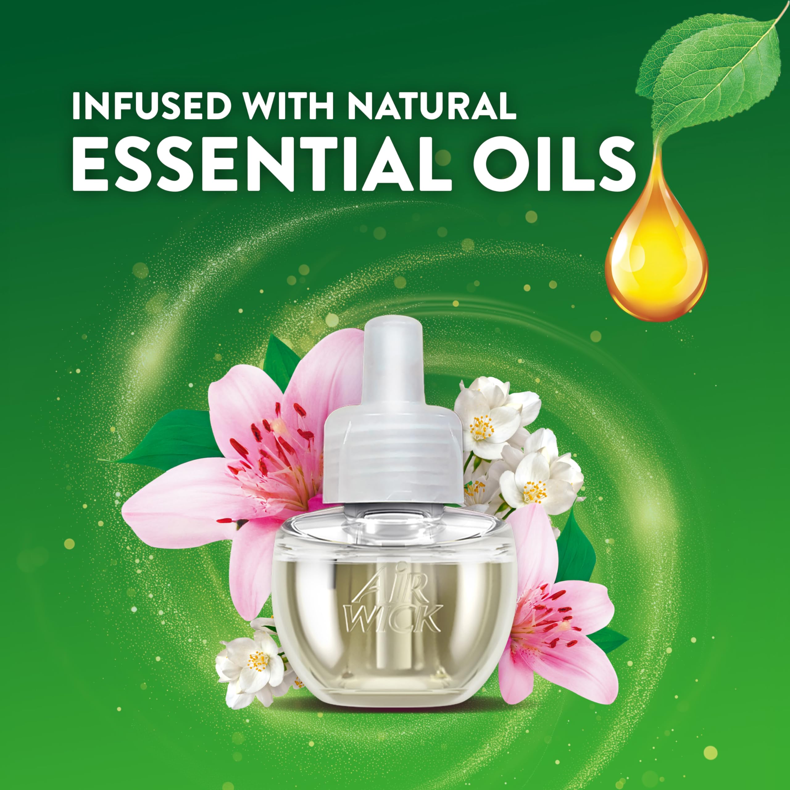 Air Wick Morning Lily and White Flowers refill 4ct closeup label highlighting essential oils