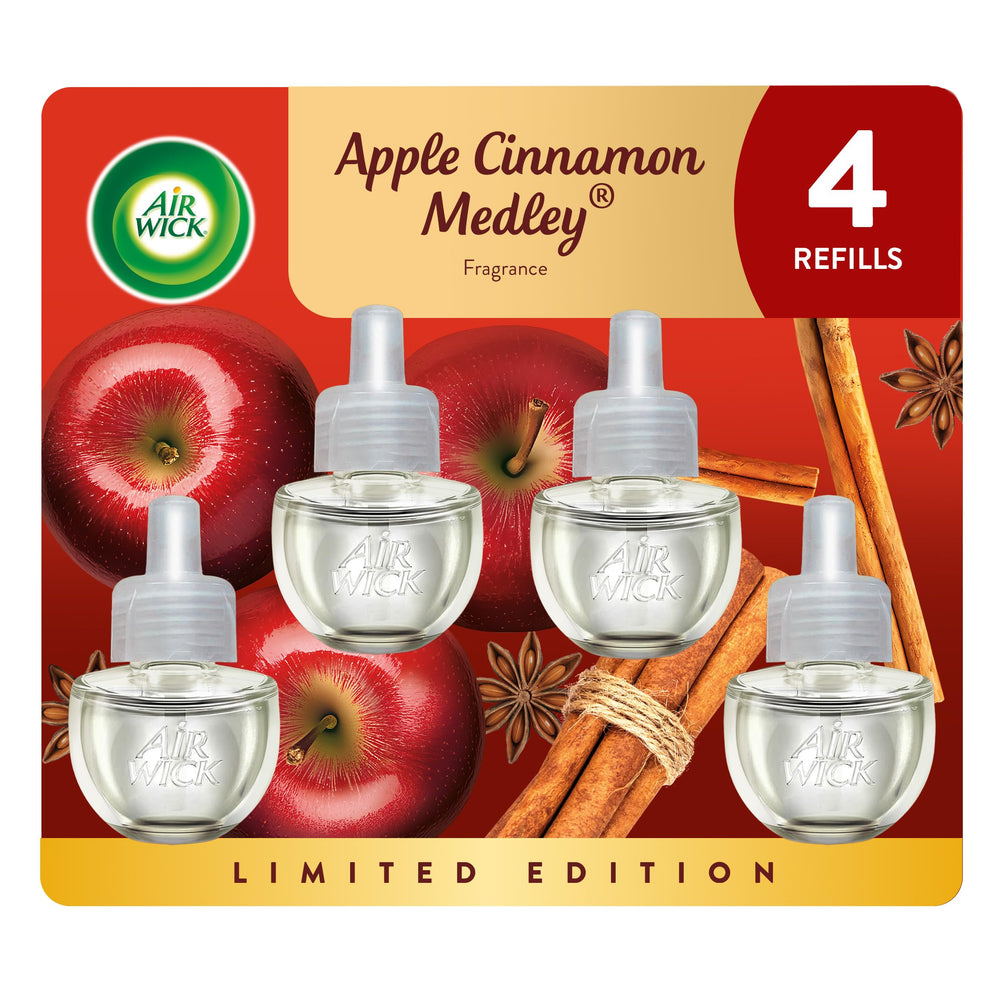 Air Wick plug-in refill bottle delivers Apple Cinnamon Medley for a warm living room ambiance