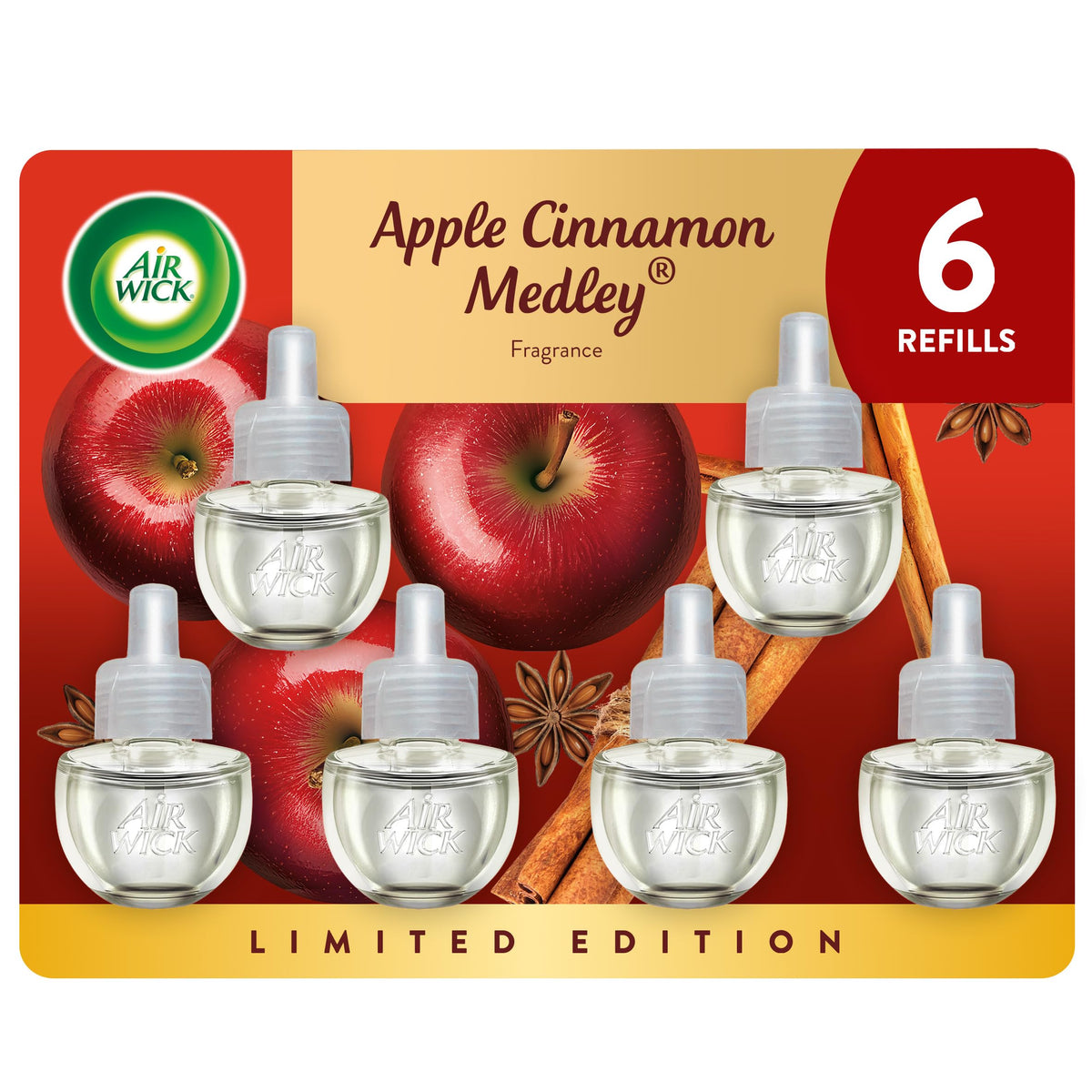 Air Wick plug-in refill Apple Cinnamon Medley pack enhances cozy autumn ambiance in living rooms.