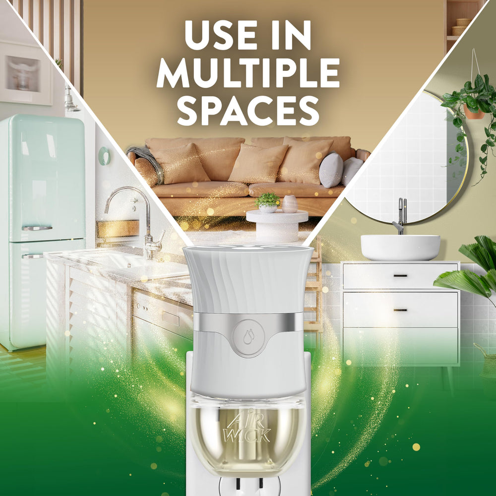 Air Wick refill in-use with plug-in unit shows steady fragrance release.
