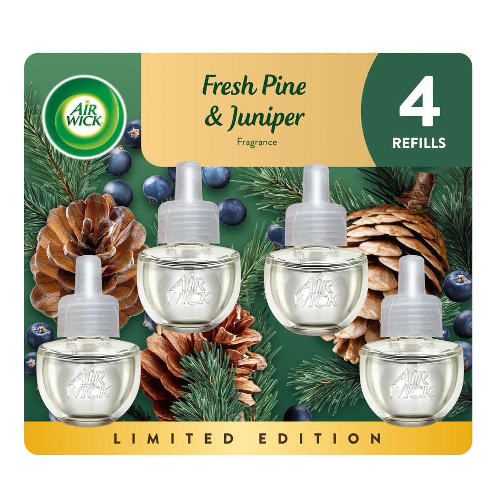 Air Wick plug-in refill bottle with Fresh Pine & Juniper scent for a refreshed living room.