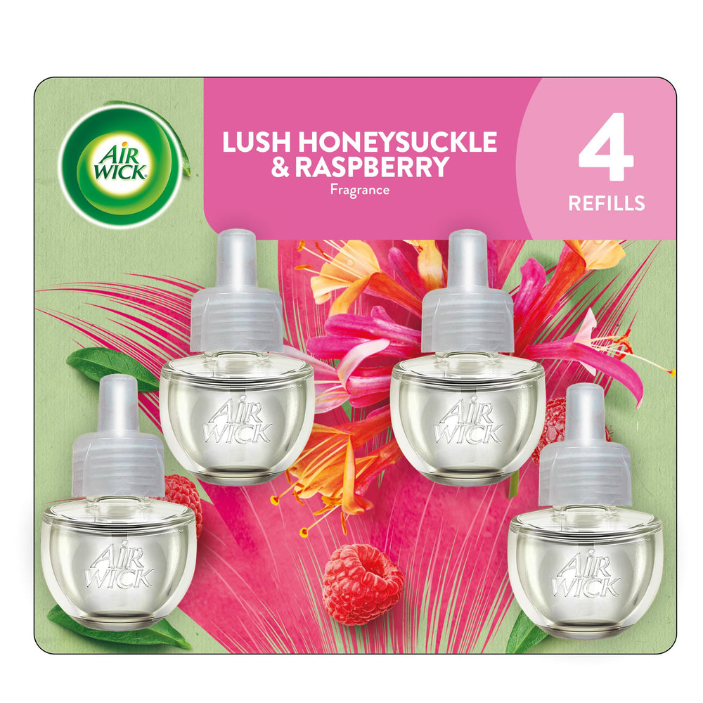 Air Wick plug-in refill honeysuckle raspberry 4ct for ongoing freshness.