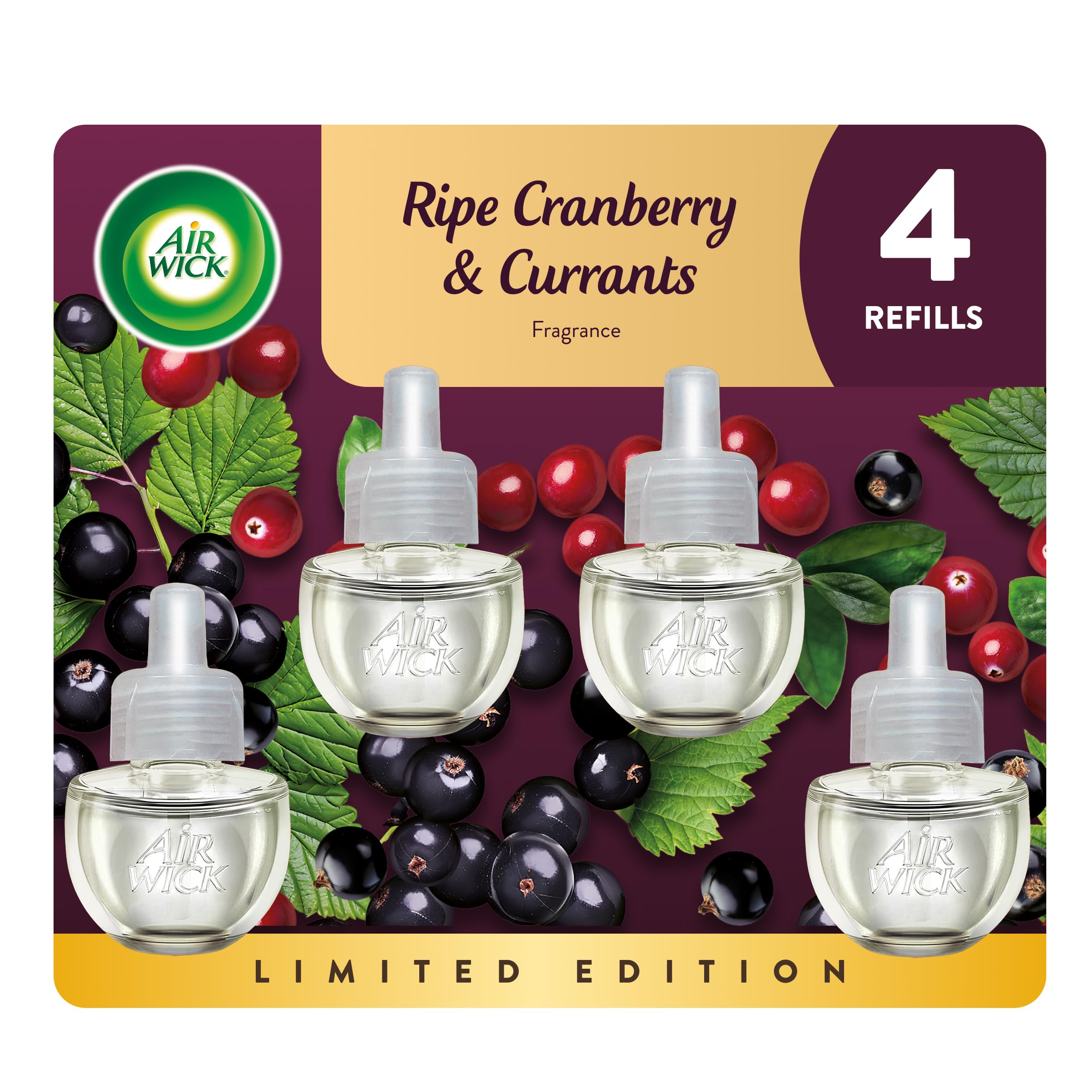 Air Wick plug-in refill bottle emits ripe cranberry currants aroma for fresh living spaces.