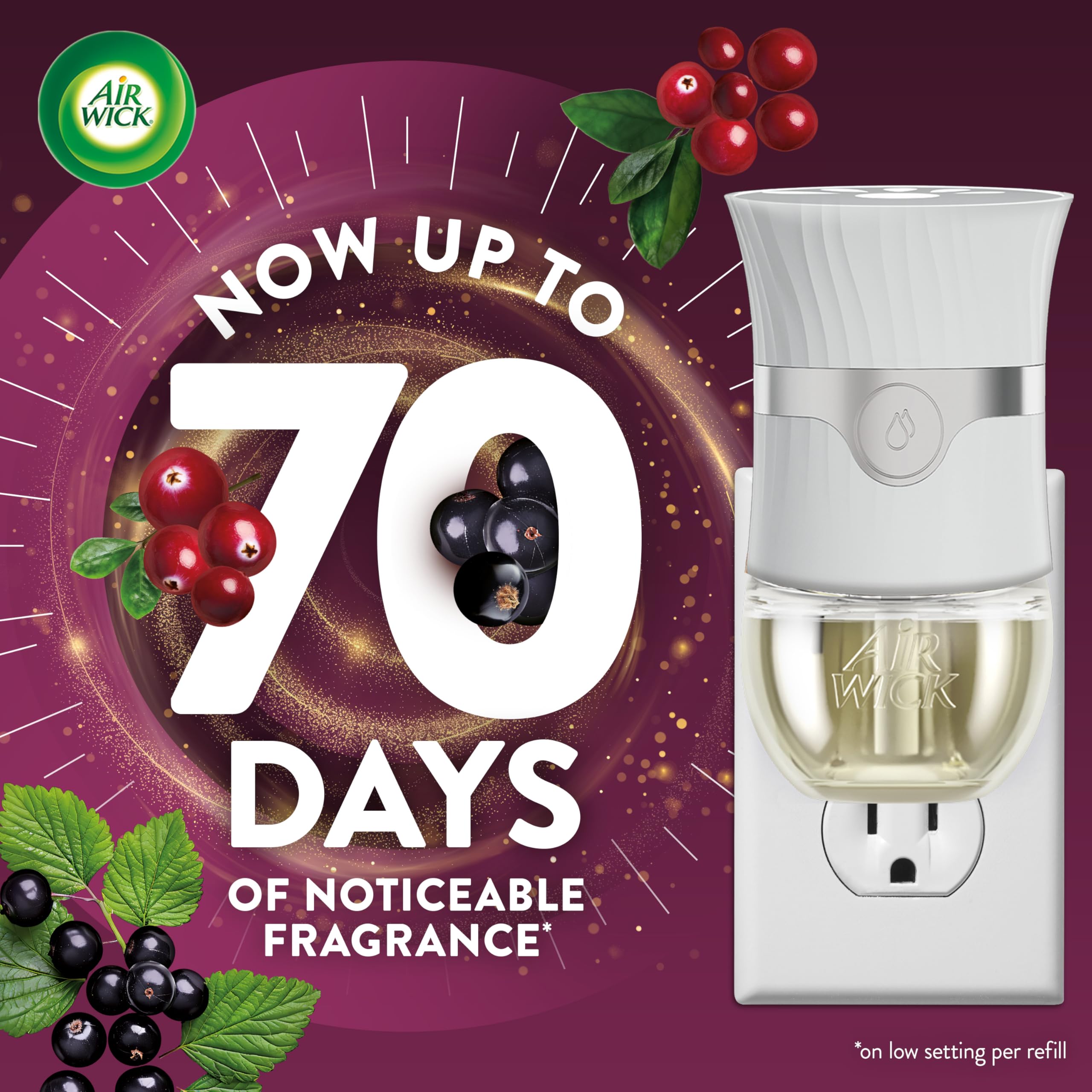 Air Wick plug-in refill pack with essential oils ensures ongoing fragrance.