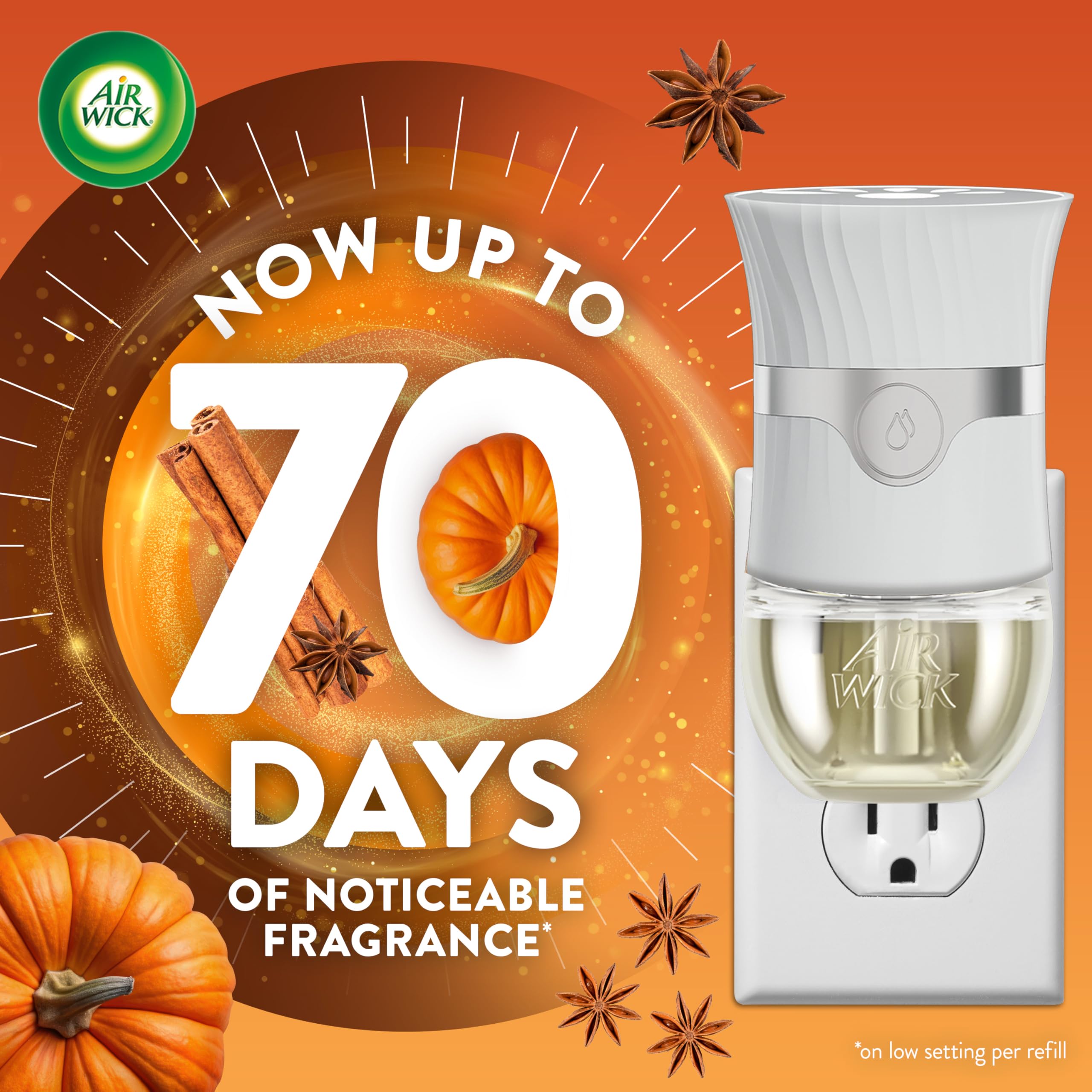 Air Wick Pumpkin Spice refill packaging highlights long lasting fragrance