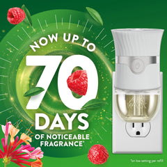 Air Wick refill bottle close-up highlights essential oils blend.