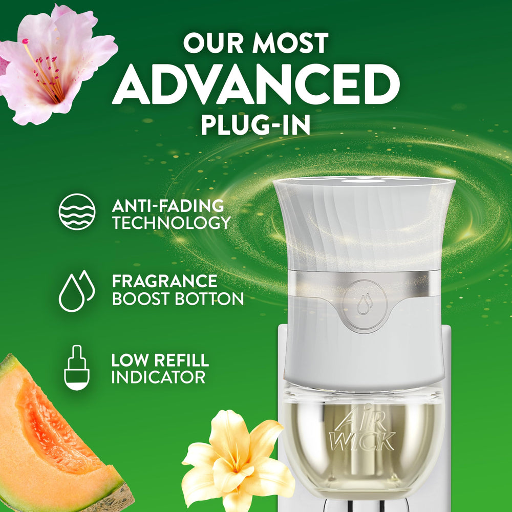 Air Wick refill in use plug-in scene demonstrates adjustable intensity.