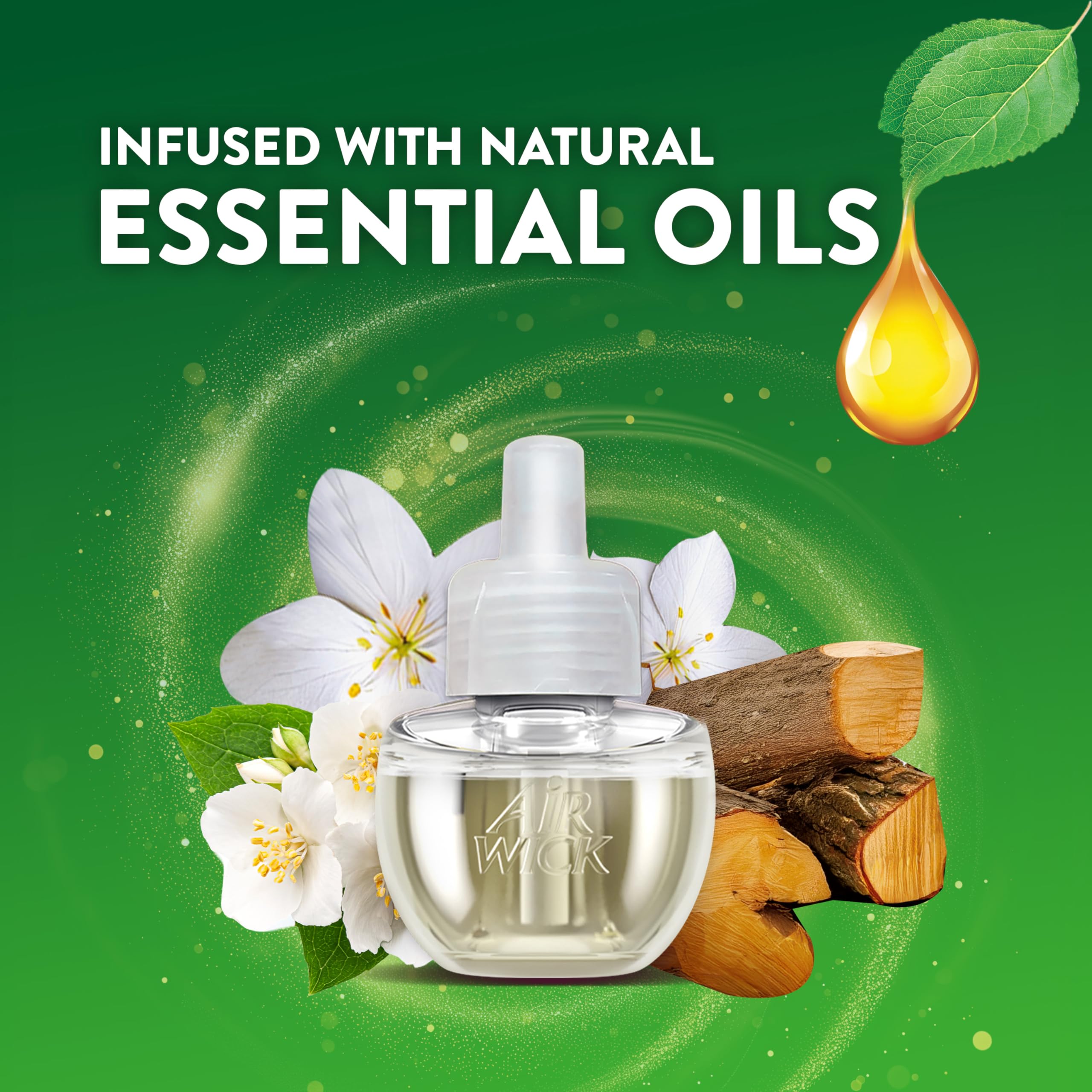 Air Wick 4-count Warm Woods & Jasmine display for ongoing freshness.