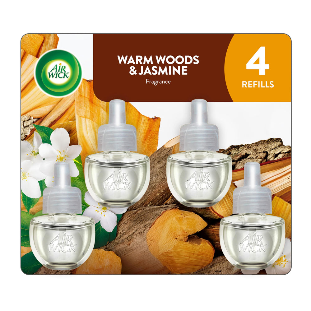 Air Wick Warm Woods & Jasmine refill pack shown for continuous fragrance in your home.